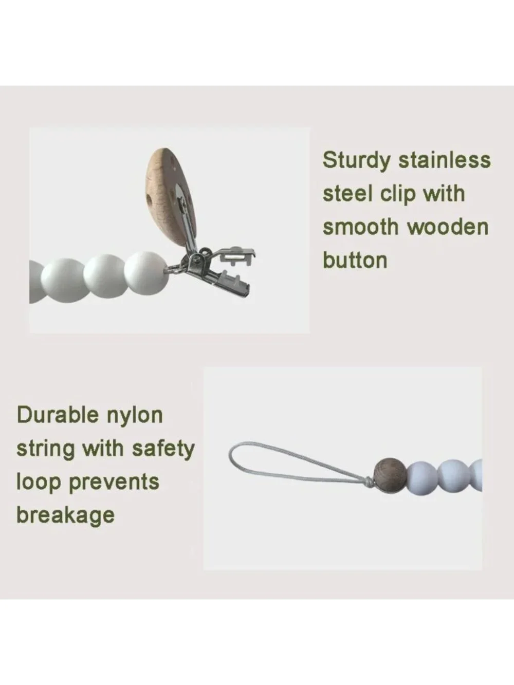 Silicone Baby Pacifier Clips - 2 Pack Binky Holders (Sand & Light Grey)